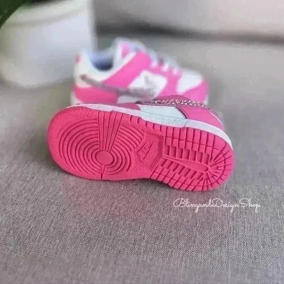 Bling Nike Girls Dunk Low Baby Toddler Pink Sneakers Shoes Custom with Crystals - Picture 7 of 8